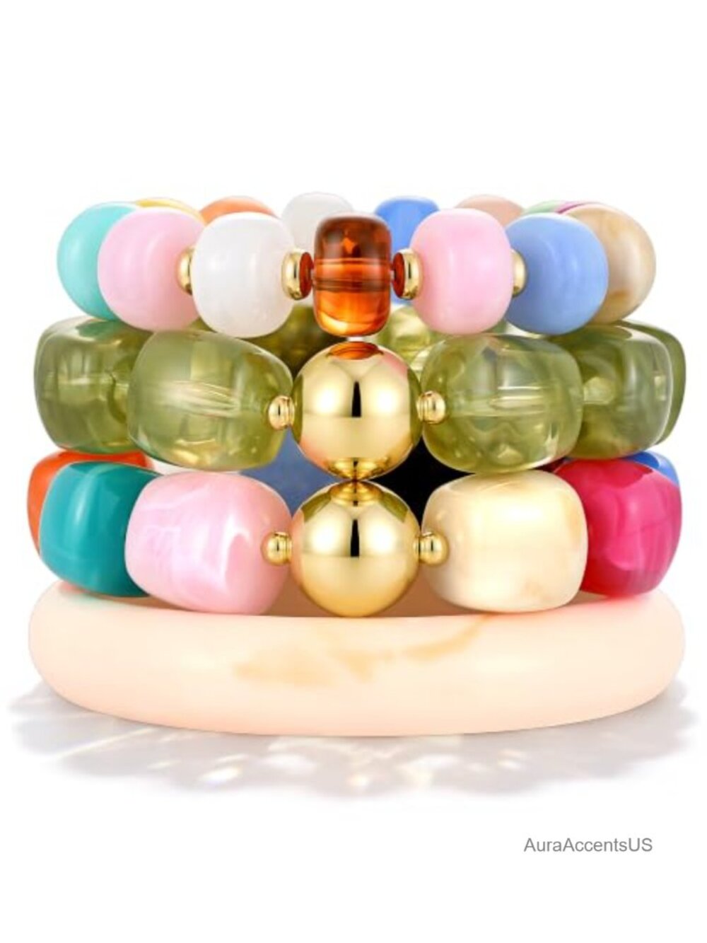 Chunky Resin Acrylic Beaded Bracelet Set 4 Pcs Stretch Bangles Women